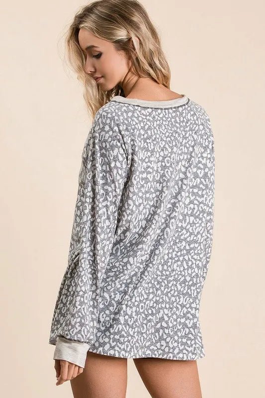 BiBi Leopard Round Neck Long Sleeve T-Shirt for Women - Love Salve